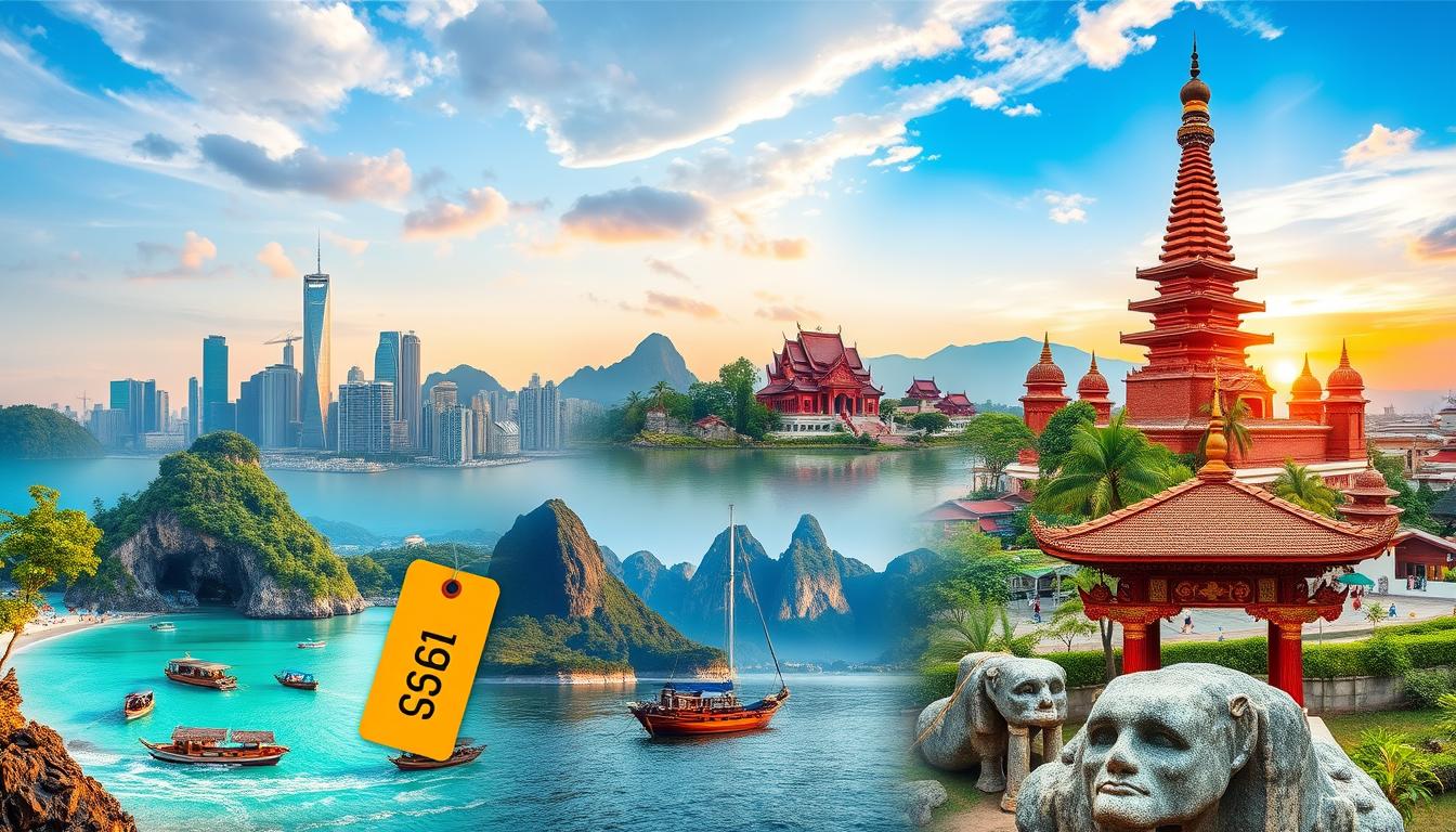 Collage of Asian destinations with budget travel theme