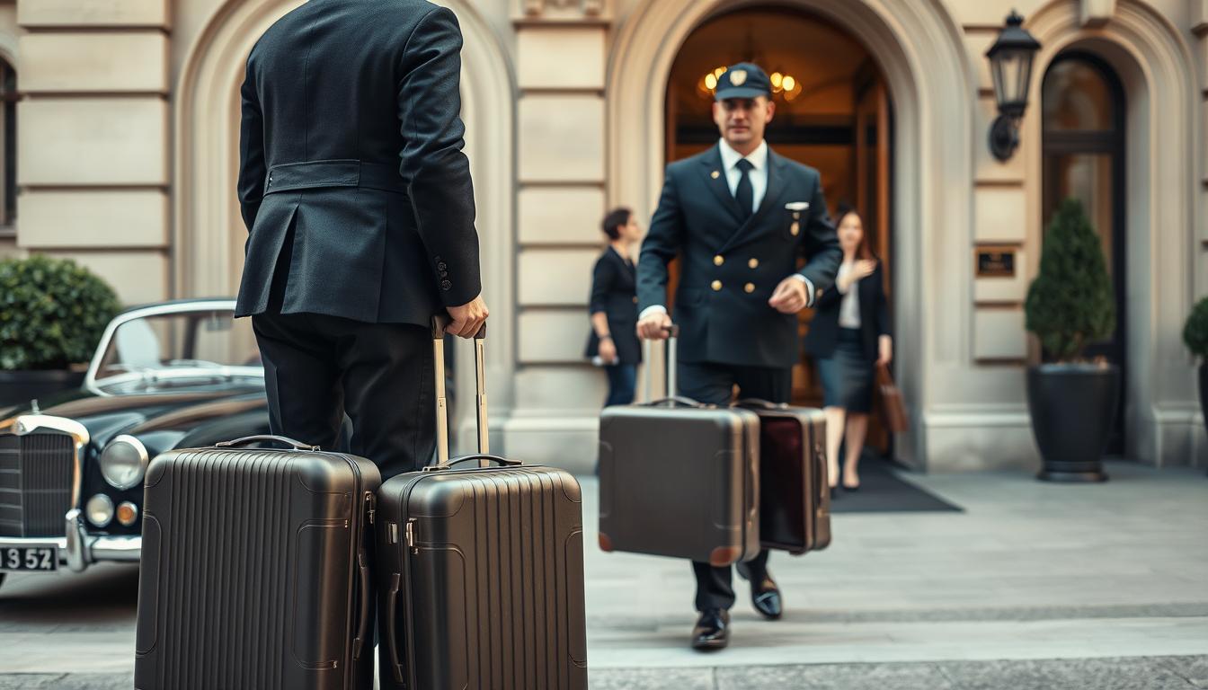 Luxury travel in Europe featuring elegant luggage at a 5-star hotel entrance, complementing our top 10 luxury hotels in Europe guide