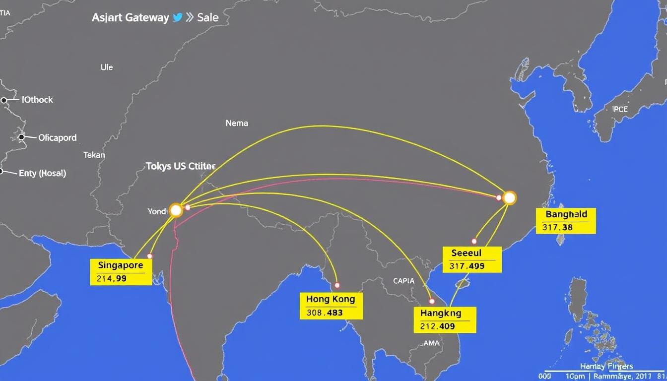 Map showing flight routes from US to different Asian gateway cities