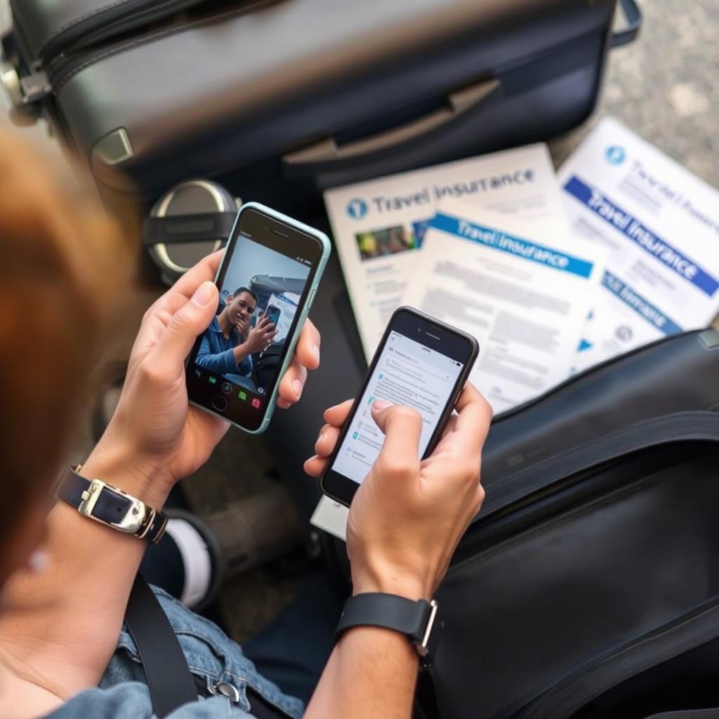 Person documenting travel incident with photos and notes