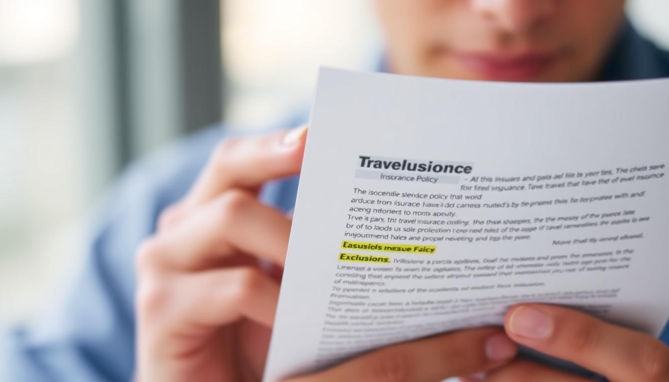 Person reading travel insurance policy exclusions