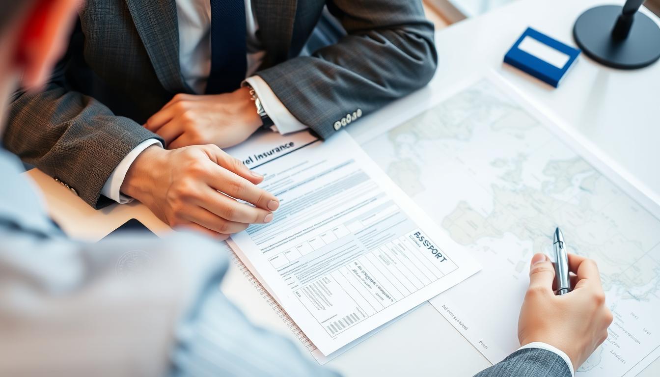 Person reviewing travel insurance documents for international trip